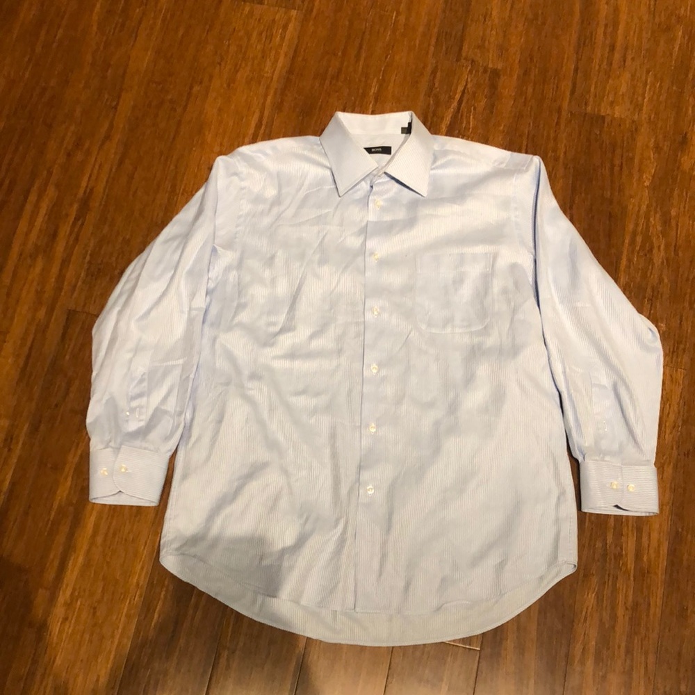 Hugo Boss white and light blue pin stripe dress shirt.  16.5” neck, 32/33